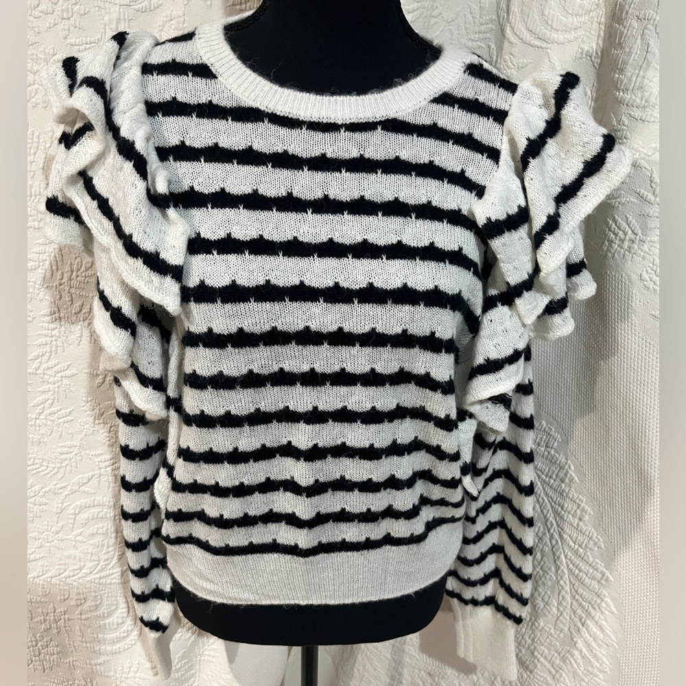 Chelsea & Violet Black and White Striped Ruffle Sweater‎